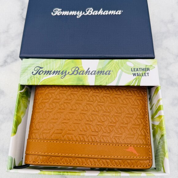 Tommy Bahama Leather Bifold Wallet,Tan Geometric Embossed,Logo Detail,Boxed-NEW - Picture 10 of 13